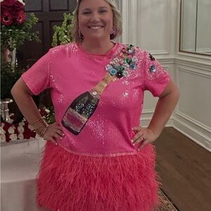 QUEEN OF SPARKLES Neon Pink Sequin Feather Dress